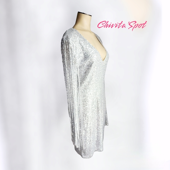 🏷🆕️ Sexy Deep-V Sequin Glitter Tassel Sleeve Party Mini Dress - Silver - L - Picture 15 of 16